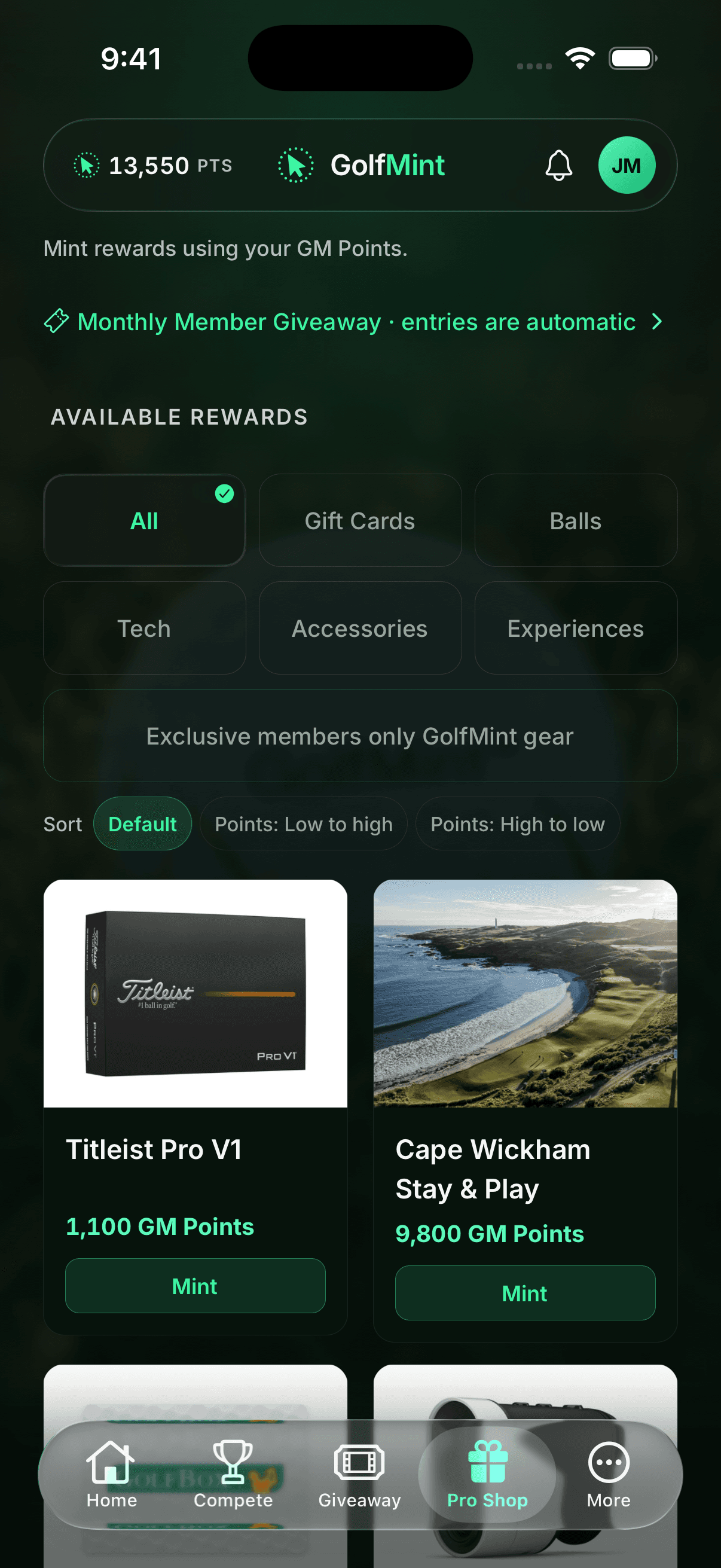 The GolfMint Pro Shop showing real rewards to mint with GM Points. Entries into member giveaways are added automatically.