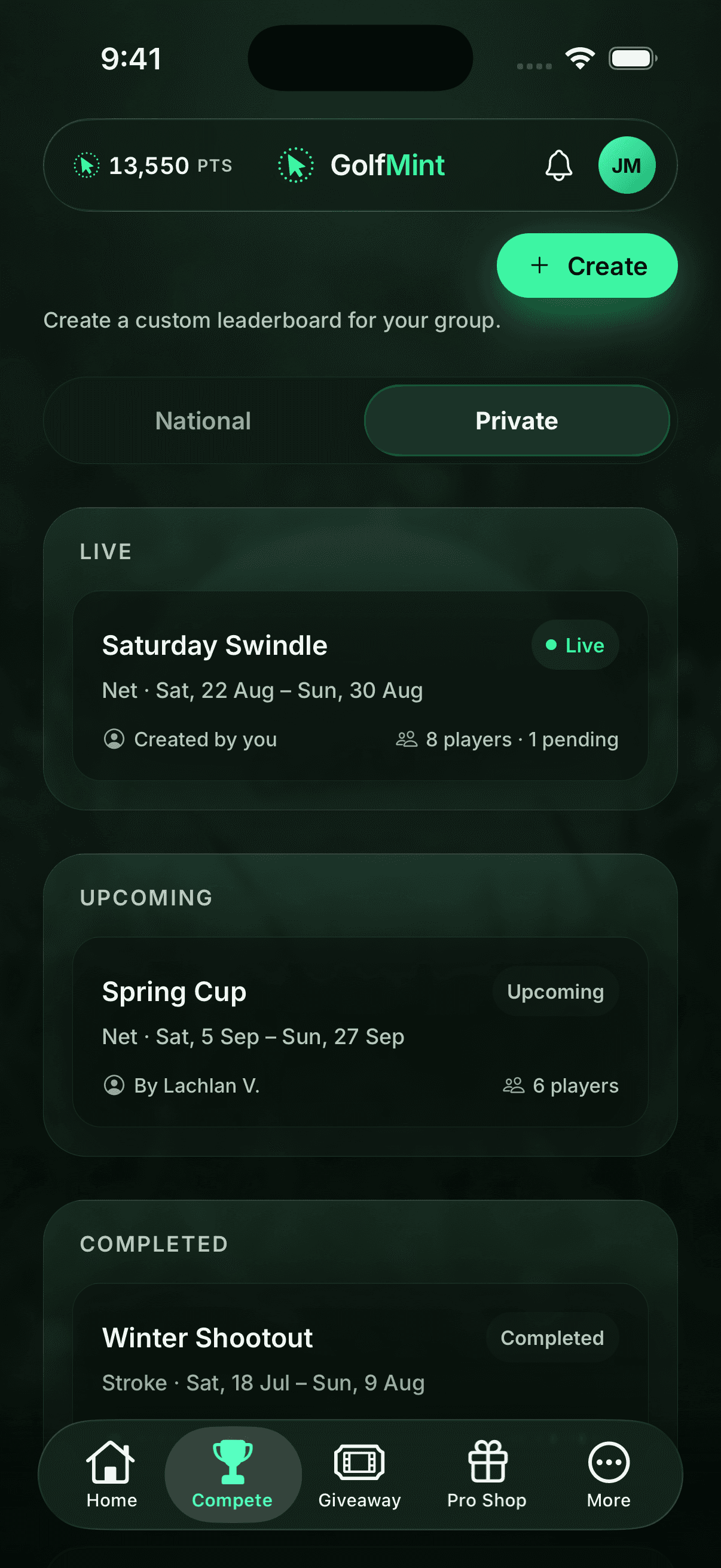 Private competitions in the GolfMint app, with live, upcoming and completed comps and player counts.