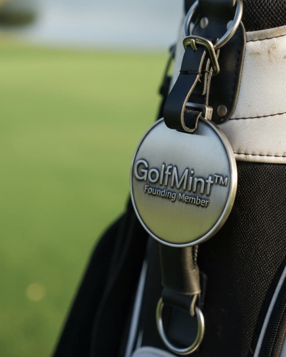 A brushed metal GolfMint Founding Member bag tag on a leather strap, attached to a golf bag.