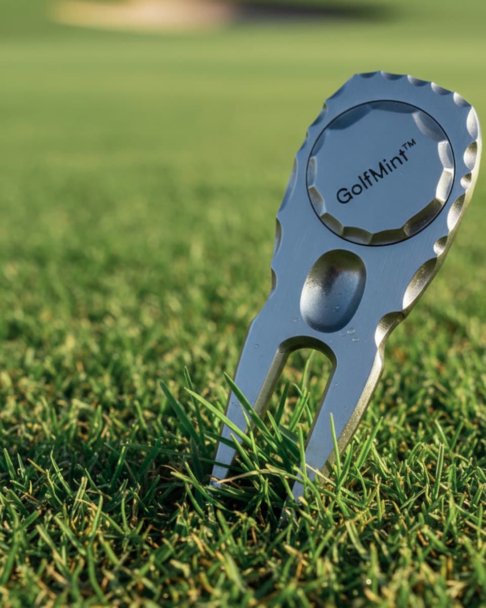 A brushed steel GolfMint divot tool with its removable ball marker, standing in the green.