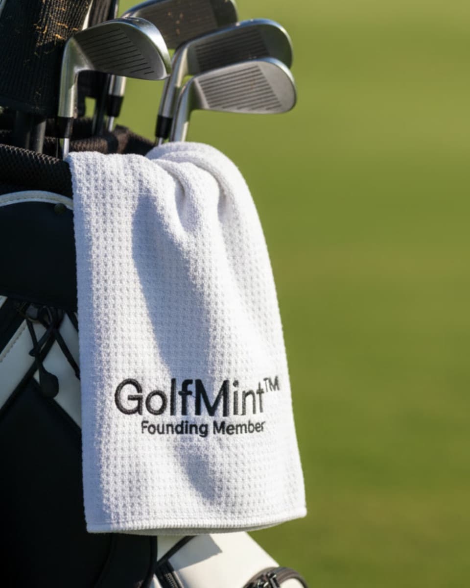 A white waffle-weave golf towel embroidered GolfMint Founding Member, hanging from a golf bag.
